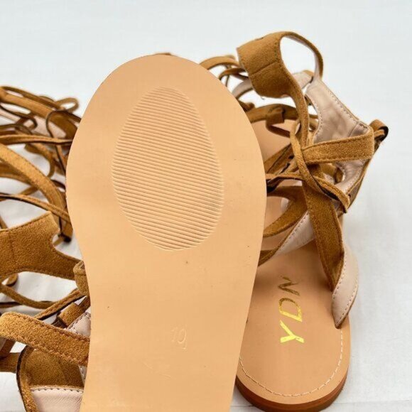 YDN Women  Knee High Lace up Flats Fringe Low Heel Gladiator Strap Sandals Brown - Picture 6 of 7